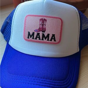 Blue and White Trucker Hat with Pink Patch